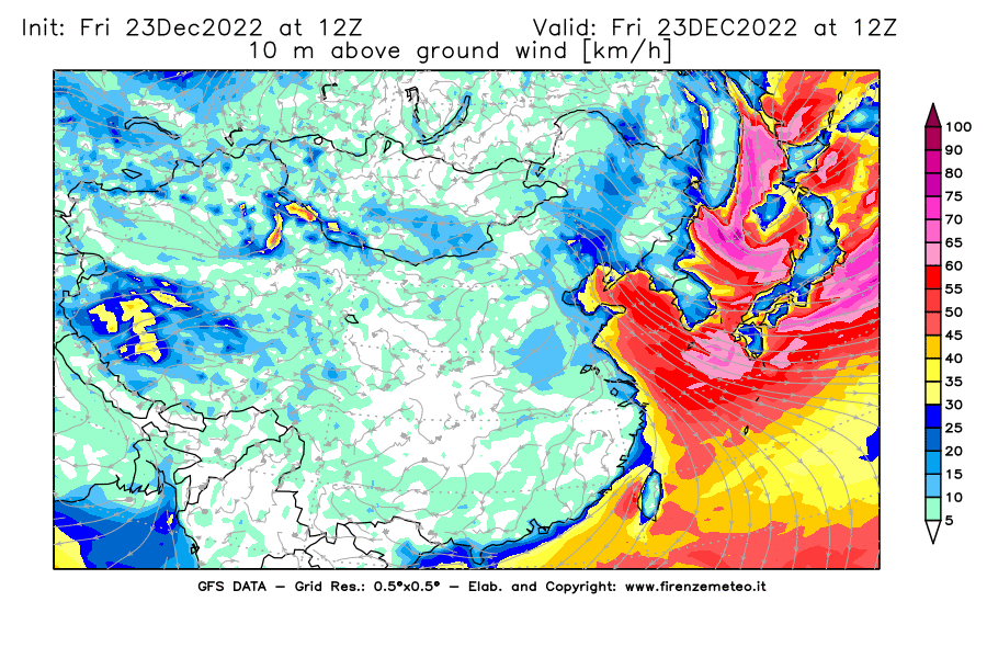 Mappa di analisi GFS - Velocità del vento a 10 metri dal suolo in Asia Orientale
							del 23 dicembre 2022 z12