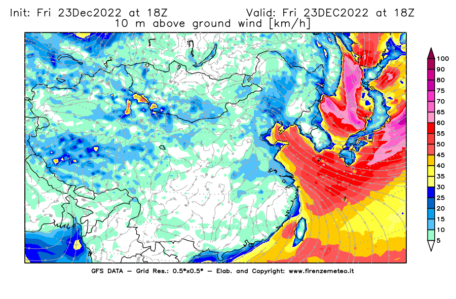 Mappa di analisi GFS - Velocità del vento a 10 metri dal suolo [km/h] in Asia Orientale
							del 23/12/2022 18 <!--googleoff: index-->UTC<!--googleon: index-->