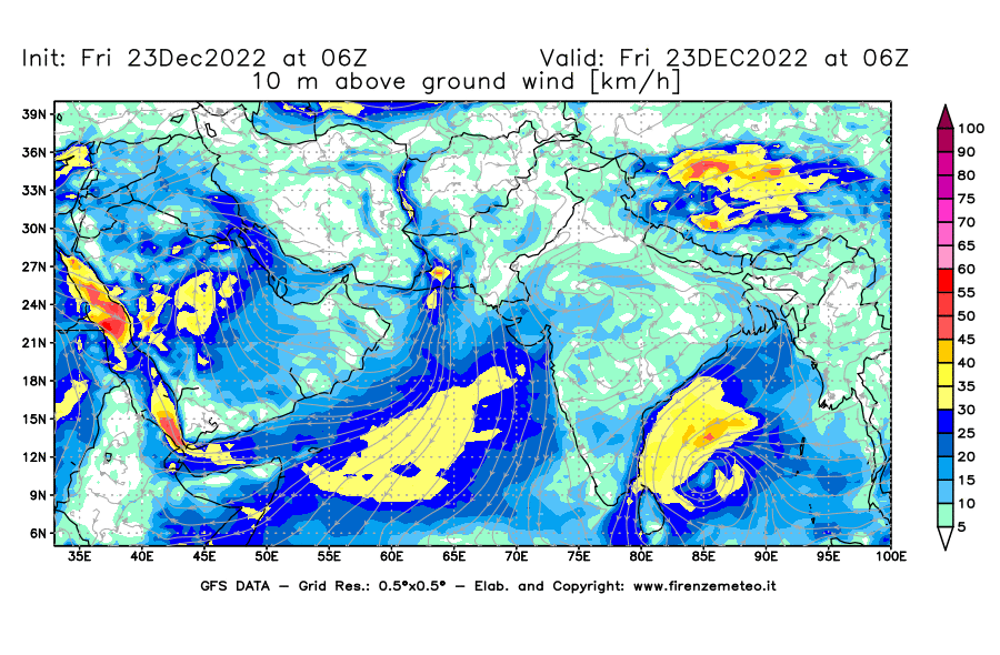 Mappa di analisi GFS - Velocità del vento a 10 metri dal suolo [km/h] in Asia Sud-Occidentale
							del 23/12/2022 06 <!--googleoff: index-->UTC<!--googleon: index-->