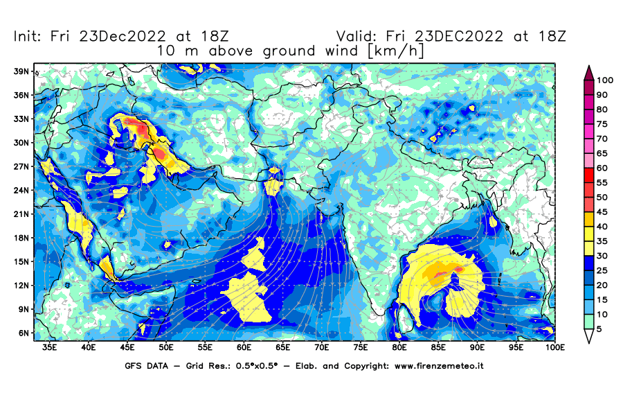 Mappa di analisi GFS - Velocità del vento a 10 metri dal suolo [km/h] in Asia Sud-Occidentale
							del 23/12/2022 18 <!--googleoff: index-->UTC<!--googleon: index-->