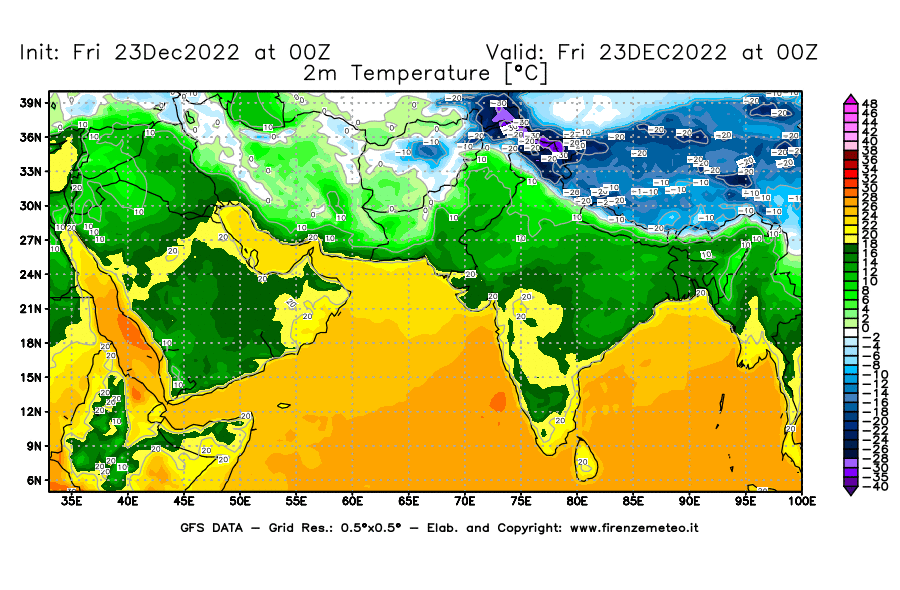 Mappa di analisi GFS - Temperatura a 2 metri dal suolo [°C] in Asia Sud-Occidentale
							del 23/12/2022 00 <!--googleoff: index-->UTC<!--googleon: index-->