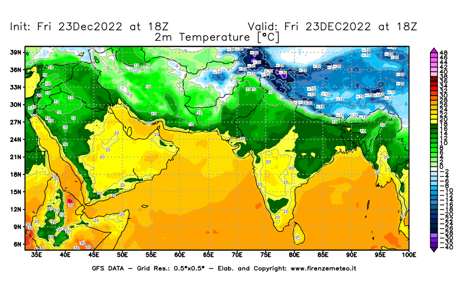Mappa di analisi GFS - Temperatura a 2 metri dal suolo [°C] in Asia Sud-Occidentale
							del 23/12/2022 18 <!--googleoff: index-->UTC<!--googleon: index-->