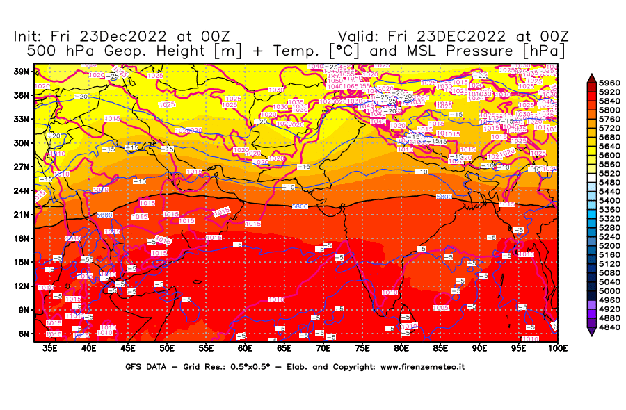 Mappa di analisi GFS - Geopotenziale [m] + Temp. [°C] a 500 hPa + Press. a livello del mare [hPa] in Asia Sud-Occidentale
							del 23/12/2022 00 <!--googleoff: index-->UTC<!--googleon: index-->
