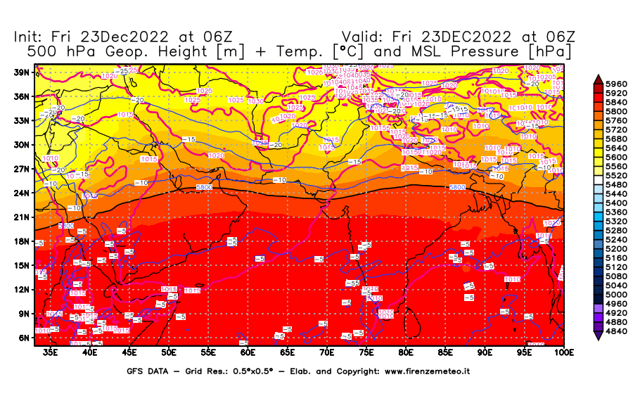 Mappa di analisi GFS - Geopotenziale [m] + Temp. [°C] a 500 hPa + Press. a livello del mare [hPa] in Asia Sud-Occidentale
							del 23/12/2022 06 <!--googleoff: index-->UTC<!--googleon: index-->