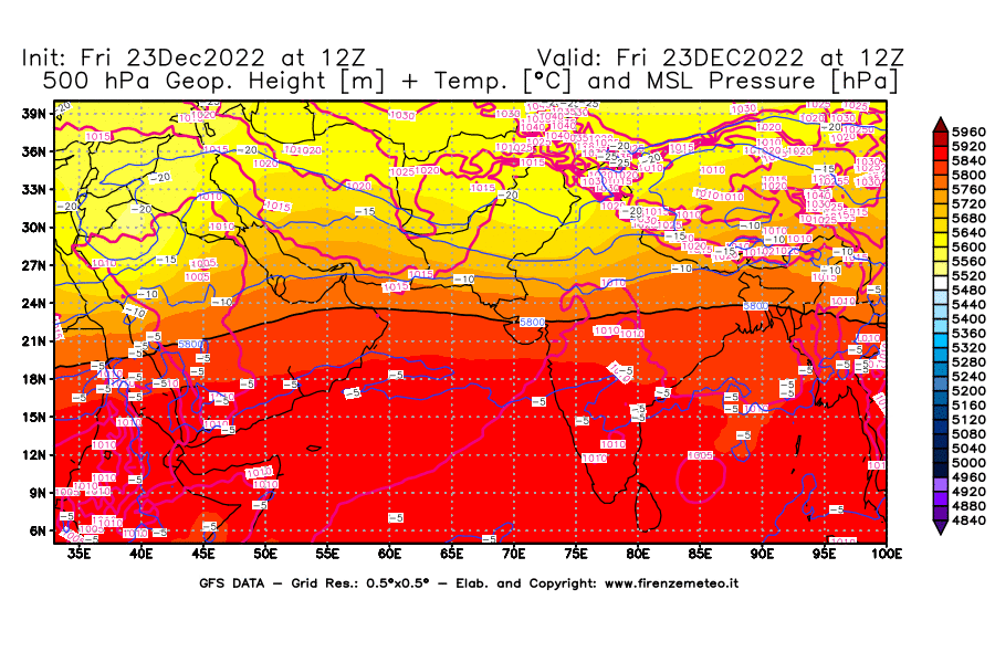 Mappa di analisi GFS - Geopotenziale [m] + Temp. [°C] a 500 hPa + Press. a livello del mare [hPa] in Asia Sud-Occidentale
							del 23/12/2022 12 <!--googleoff: index-->UTC<!--googleon: index-->