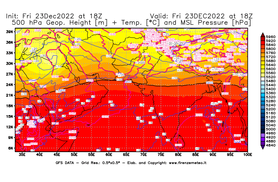 Mappa di analisi GFS - Geopotenziale [m] + Temp. [°C] a 500 hPa + Press. a livello del mare [hPa] in Asia Sud-Occidentale
							del 23/12/2022 18 <!--googleoff: index-->UTC<!--googleon: index-->