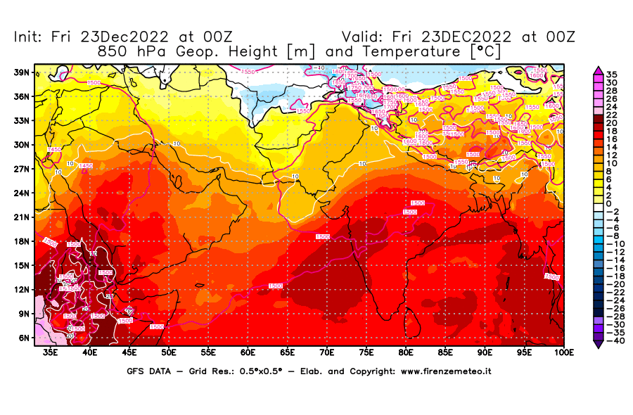Mappa di analisi GFS - Geopotenziale [m] e Temperatura [°C] a 850 hPa in Asia Sud-Occidentale
							del 23/12/2022 00 <!--googleoff: index-->UTC<!--googleon: index-->
