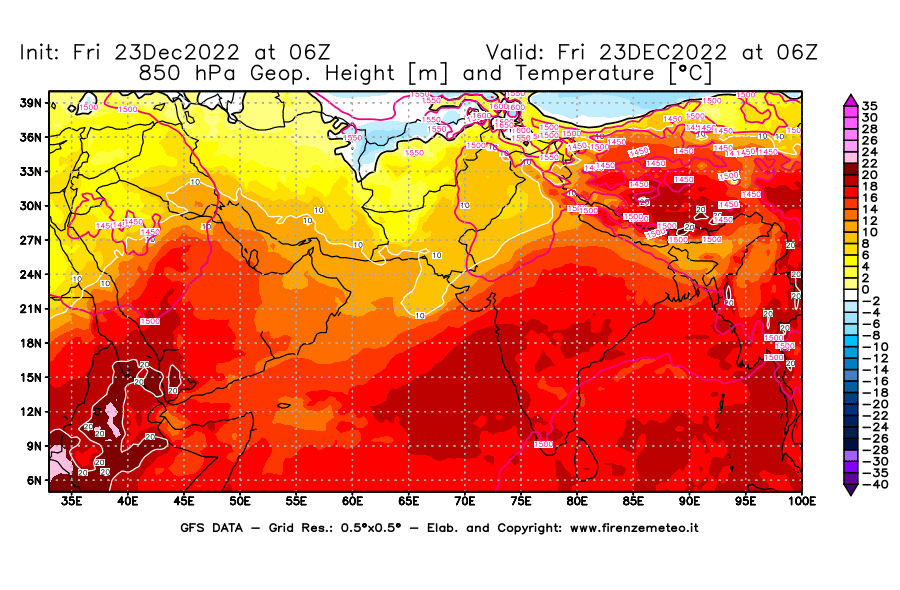 Mappa di analisi GFS - Geopotenziale [m] e Temperatura [°C] a 850 hPa in Asia Sud-Occidentale
							del 23/12/2022 06 <!--googleoff: index-->UTC<!--googleon: index-->