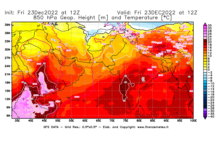 Mappa di analisi GFS - Geopotenziale [m] e Temperatura [°C] a 850 hPa in Asia Sud-Occidentale
							del 23/12/2022 12 <!--googleoff: index-->UTC<!--googleon: index-->