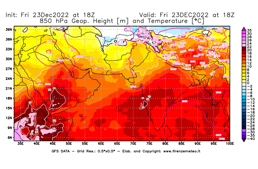 Mappa di analisi GFS - Geopotenziale [m] e Temperatura [°C] a 850 hPa in Asia Sud-Occidentale
							del 23/12/2022 18 <!--googleoff: index-->UTC<!--googleon: index-->