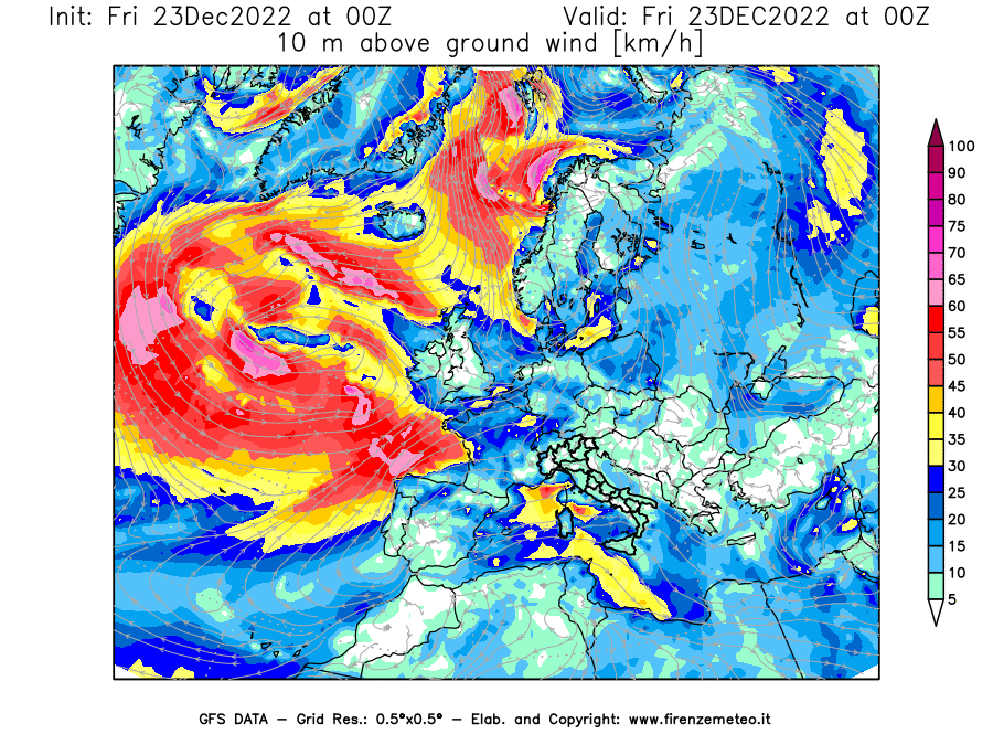 Mappa di analisi GFS - Velocità del vento a 10 metri dal suolo [km/h] in Europa
							del 23/12/2022 00 <!--googleoff: index-->UTC<!--googleon: index-->