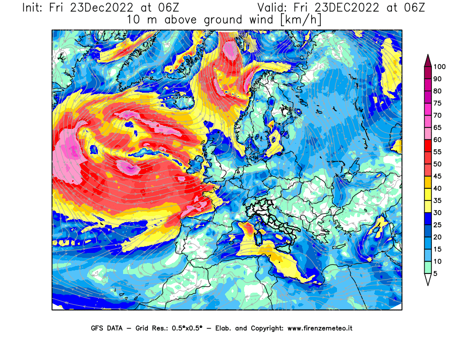 Mappa di analisi GFS - Velocità del vento a 10 metri dal suolo [km/h] in Europa
							del 23/12/2022 06 <!--googleoff: index-->UTC<!--googleon: index-->