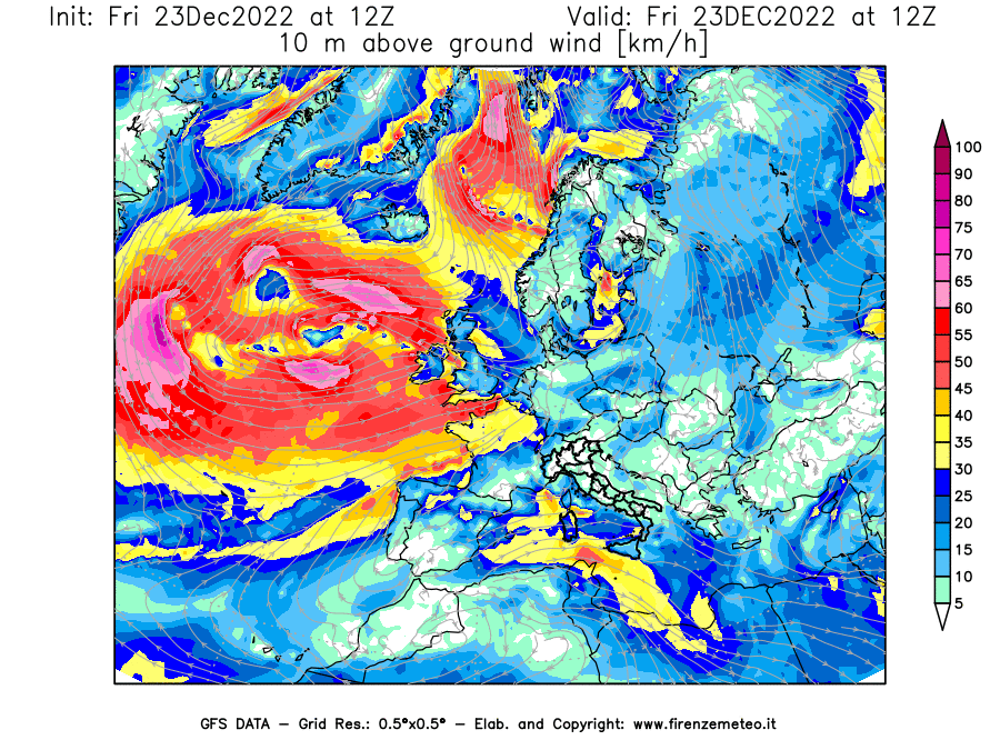 Mappa di analisi GFS - Velocità del vento a 10 metri dal suolo [km/h] in Europa
							del 23/12/2022 12 <!--googleoff: index-->UTC<!--googleon: index-->