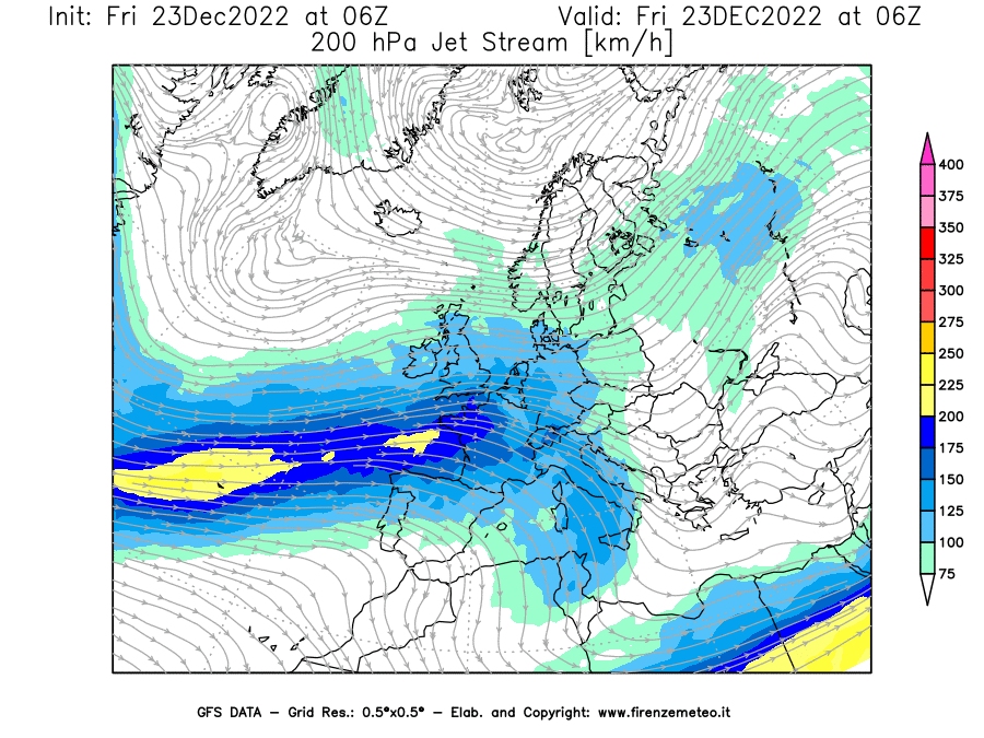 Mappa di analisi GFS - Jet Stream a 200 hPa in Europa
							del 23/12/2022 06 <!--googleoff: index-->UTC<!--googleon: index-->