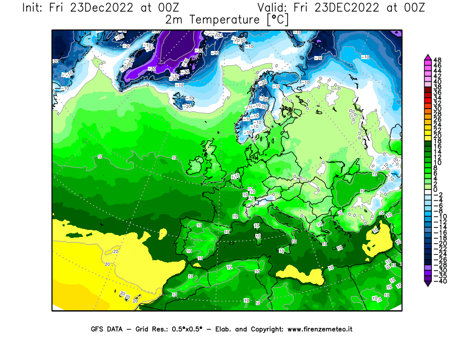 Mappa di analisi GFS - Temperatura a 2 metri dal suolo [°C] in Europa
							del 23/12/2022 00 <!--googleoff: index-->UTC<!--googleon: index-->