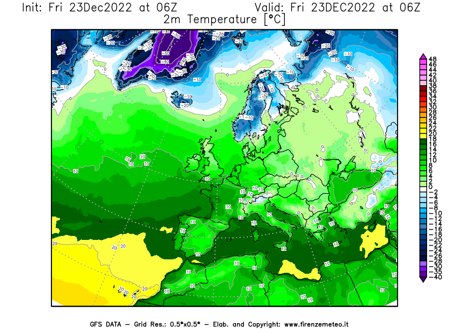 Mappa di analisi GFS - Temperatura a 2 metri dal suolo [°C] in Europa
							del 23/12/2022 06 <!--googleoff: index-->UTC<!--googleon: index-->