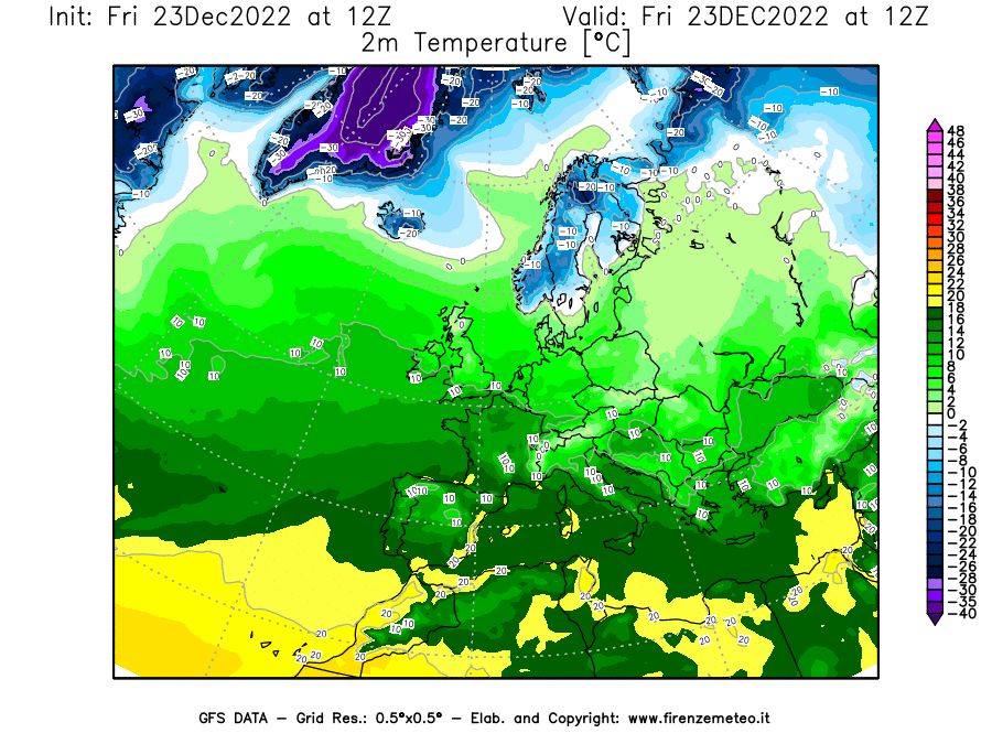 Mappa di analisi GFS - Temperatura a 2 metri dal suolo [°C] in Europa
							del 23/12/2022 12 <!--googleoff: index-->UTC<!--googleon: index-->
