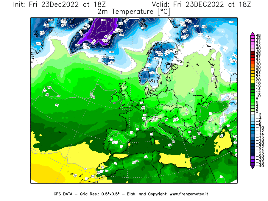 Mappa di analisi GFS - Temperatura a 2 metri dal suolo [°C] in Europa
							del 23/12/2022 18 <!--googleoff: index-->UTC<!--googleon: index-->