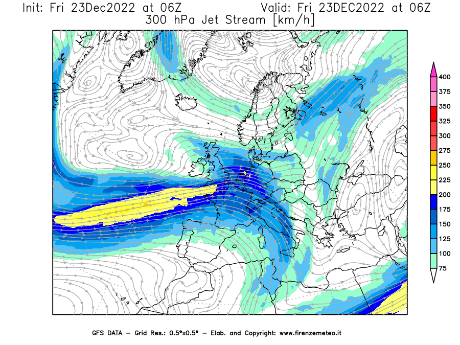 Mappa di analisi GFS - Jet Stream a 300 hPa in Europa
							del 23/12/2022 06 <!--googleoff: index-->UTC<!--googleon: index-->
