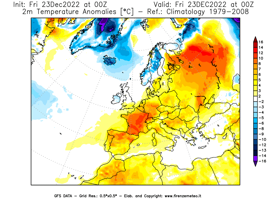 Mappa di analisi GFS - Anomalia Temperatura [°C] a 2 m in Europa
							del 23/12/2022 00 <!--googleoff: index-->UTC<!--googleon: index-->