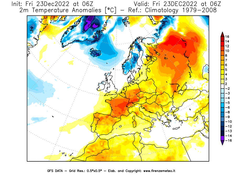 Mappa di analisi GFS - Anomalia Temperatura [°C] a 2 m in Europa
							del 23/12/2022 06 <!--googleoff: index-->UTC<!--googleon: index-->