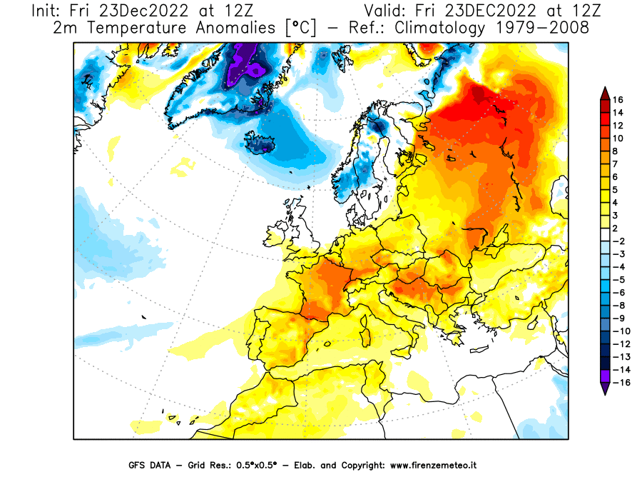 Mappa di analisi GFS - Anomalia Temperatura [°C] a 2 m in Europa
							del 23/12/2022 12 <!--googleoff: index-->UTC<!--googleon: index-->
