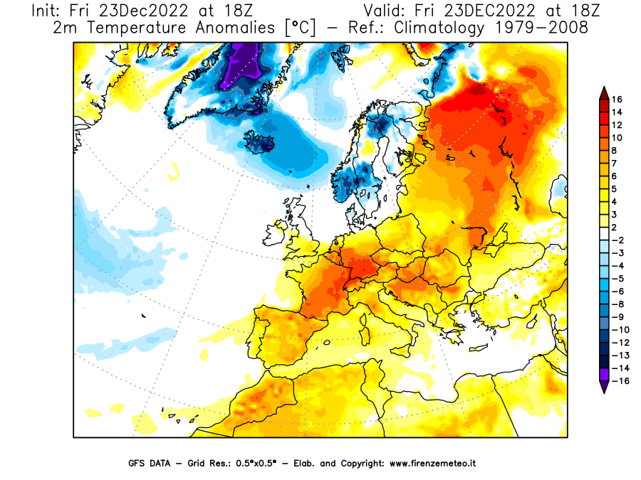 Mappa di analisi GFS - Anomalia Temperatura [°C] a 2 m in Europa
							del 23/12/2022 18 <!--googleoff: index-->UTC<!--googleon: index-->