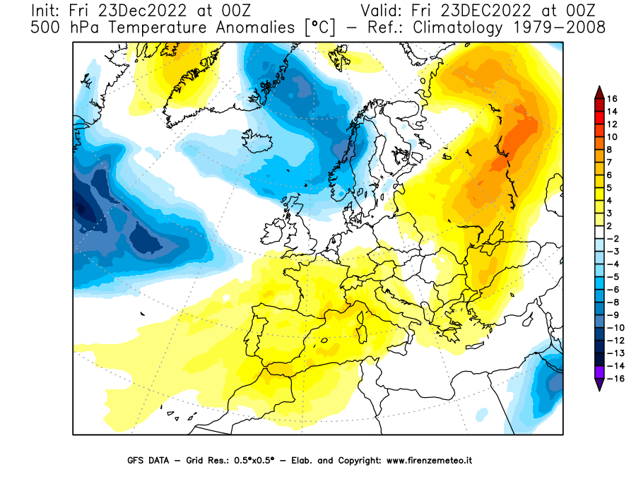 Mappa di analisi GFS - Anomalia Temperatura [°C] a 500 hPa in Europa
							del 23/12/2022 00 <!--googleoff: index-->UTC<!--googleon: index-->