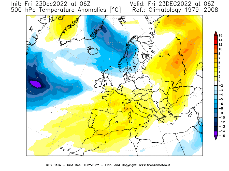 Mappa di analisi GFS - Anomalia Temperatura [°C] a 500 hPa in Europa
							del 23/12/2022 06 <!--googleoff: index-->UTC<!--googleon: index-->