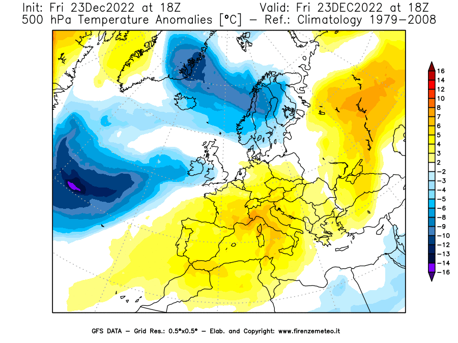 Mappa di analisi GFS - Anomalia Temperatura [°C] a 500 hPa in Europa
							del 23/12/2022 18 <!--googleoff: index-->UTC<!--googleon: index-->