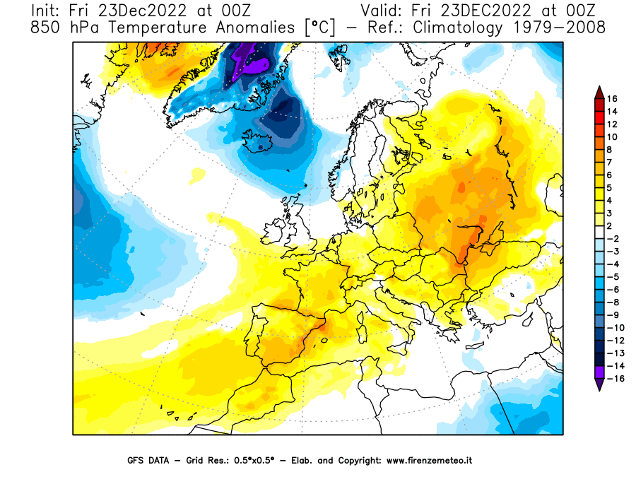 Mappa di analisi GFS - Anomalia Temperatura a 850 hPa in Europa
							del 23 dicembre 2022 z00