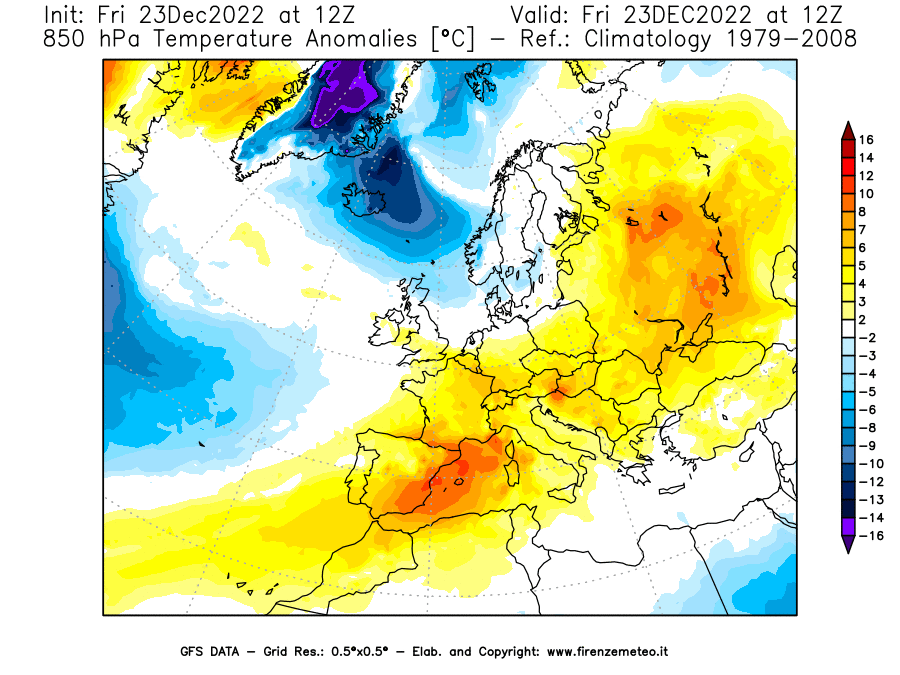 Mappa di analisi GFS - Anomalia Temperatura [°C] a 850 hPa in Europa
							del 23/12/2022 12 <!--googleoff: index-->UTC<!--googleon: index-->