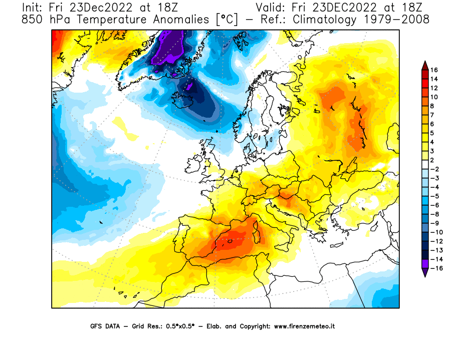 Mappa di analisi GFS - Anomalia Temperatura a 850 hPa in Europa
							del 23 dicembre 2022 z18