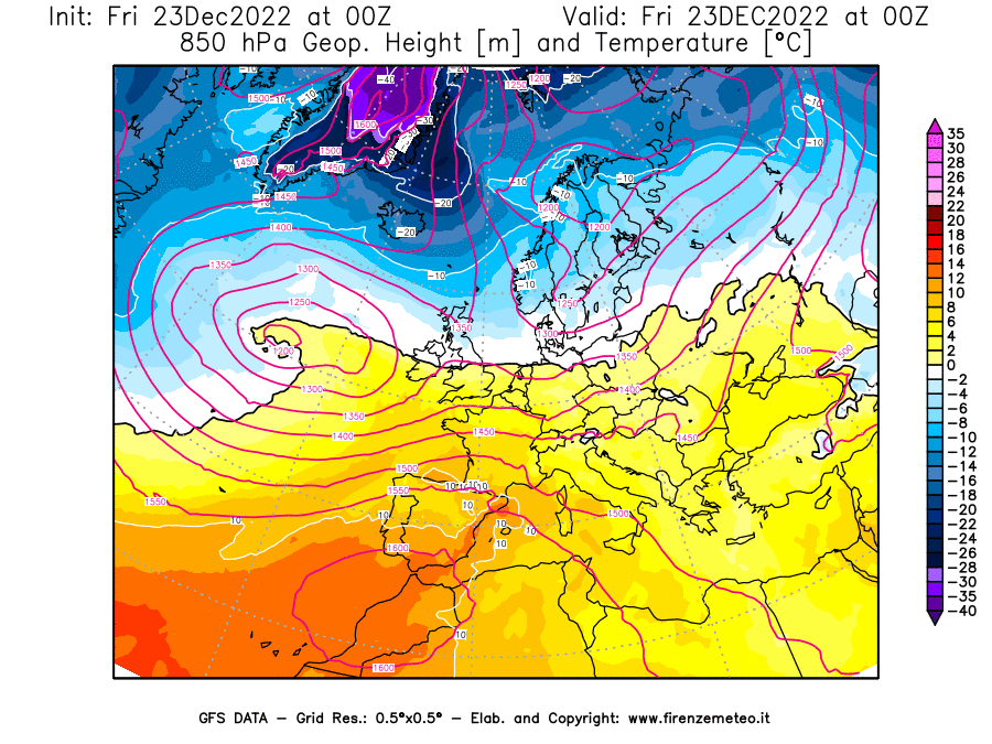Mappa di analisi GFS - Geopotenziale [m] e Temperatura [°C] a 850 hPa in Europa
							del 23/12/2022 00 <!--googleoff: index-->UTC<!--googleon: index-->