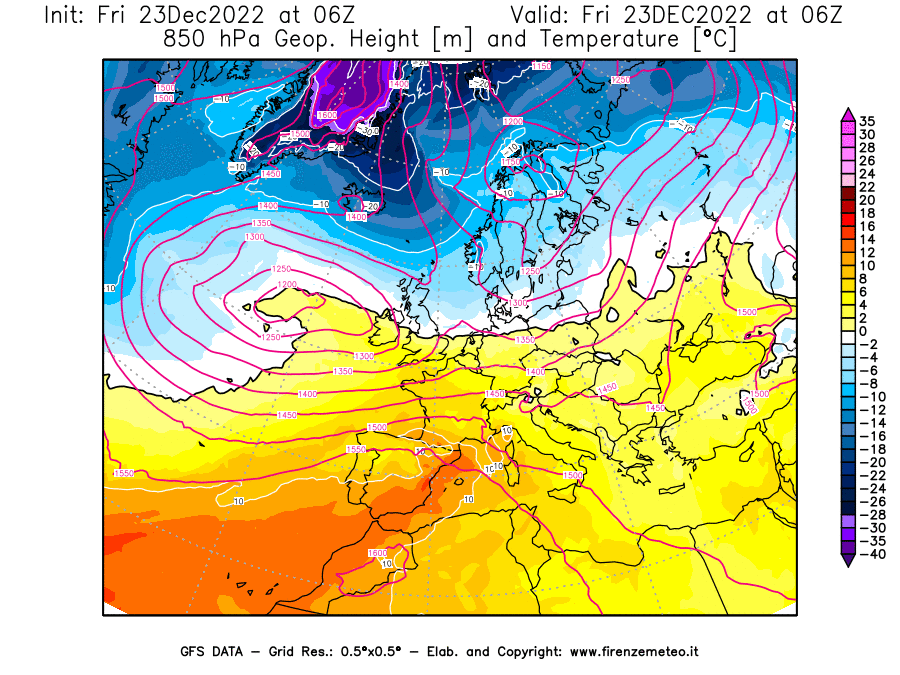 Mappa di analisi GFS - Geopotenziale [m] e Temperatura [°C] a 850 hPa in Europa
							del 23/12/2022 06 <!--googleoff: index-->UTC<!--googleon: index-->