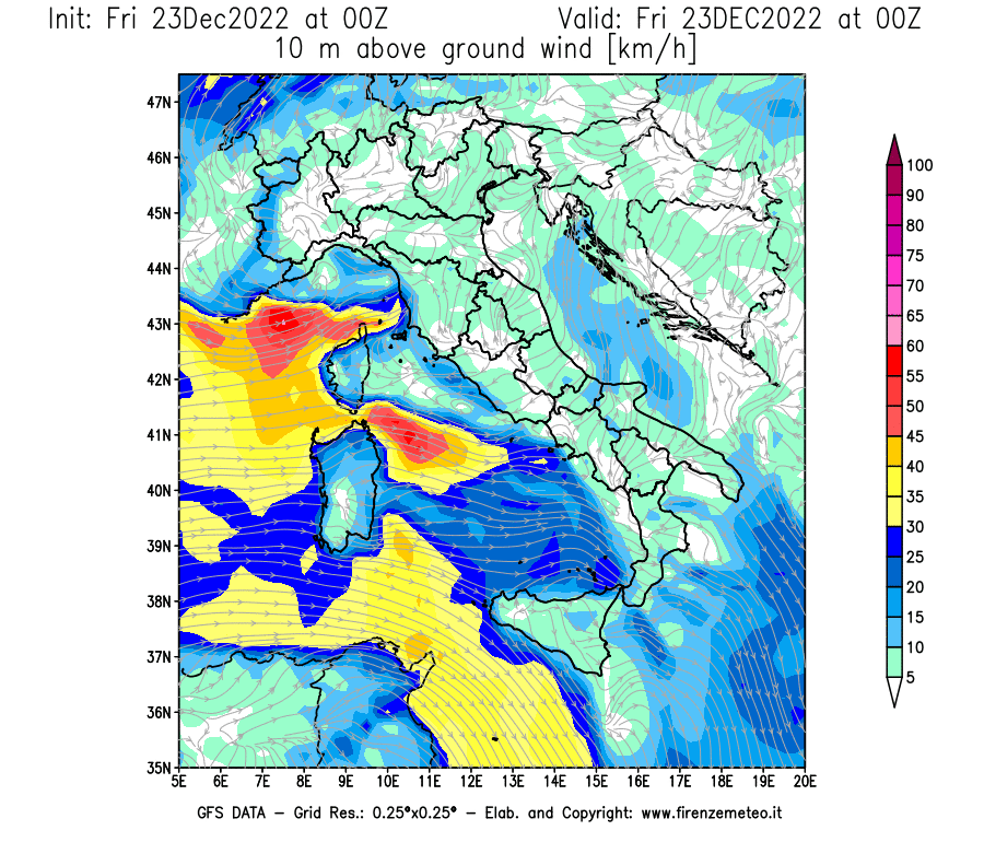 Mappa di analisi GFS - Velocità del vento a 10 metri dal suolo [km/h] in Italia
							del 23/12/2022 00 <!--googleoff: index-->UTC<!--googleon: index-->