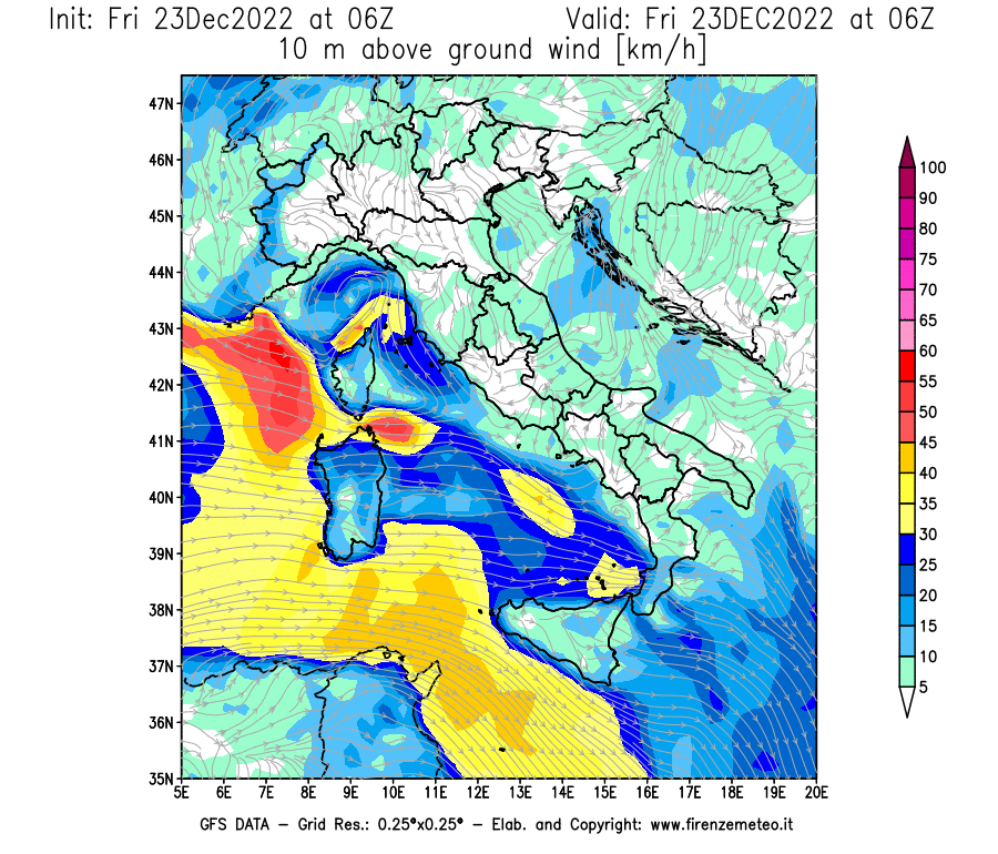 Mappa di analisi GFS - Velocità del vento a 10 metri dal suolo [km/h] in Italia
							del 23/12/2022 06 <!--googleoff: index-->UTC<!--googleon: index-->