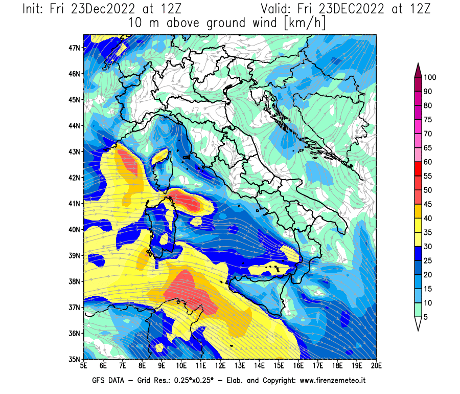 Mappa di analisi GFS - Velocità del vento a 10 metri dal suolo in Italia
							del 23 dicembre 2022 z12