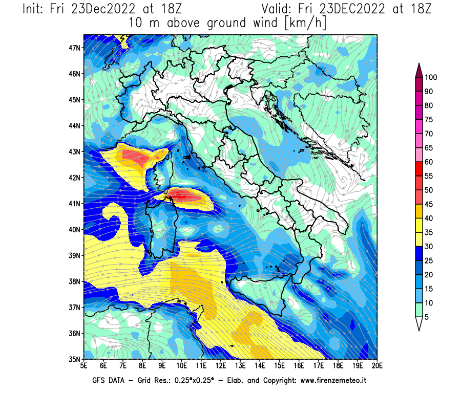 Mappa di analisi GFS - Velocità del vento a 10 metri dal suolo [km/h] in Italia
							del 23/12/2022 18 <!--googleoff: index-->UTC<!--googleon: index-->