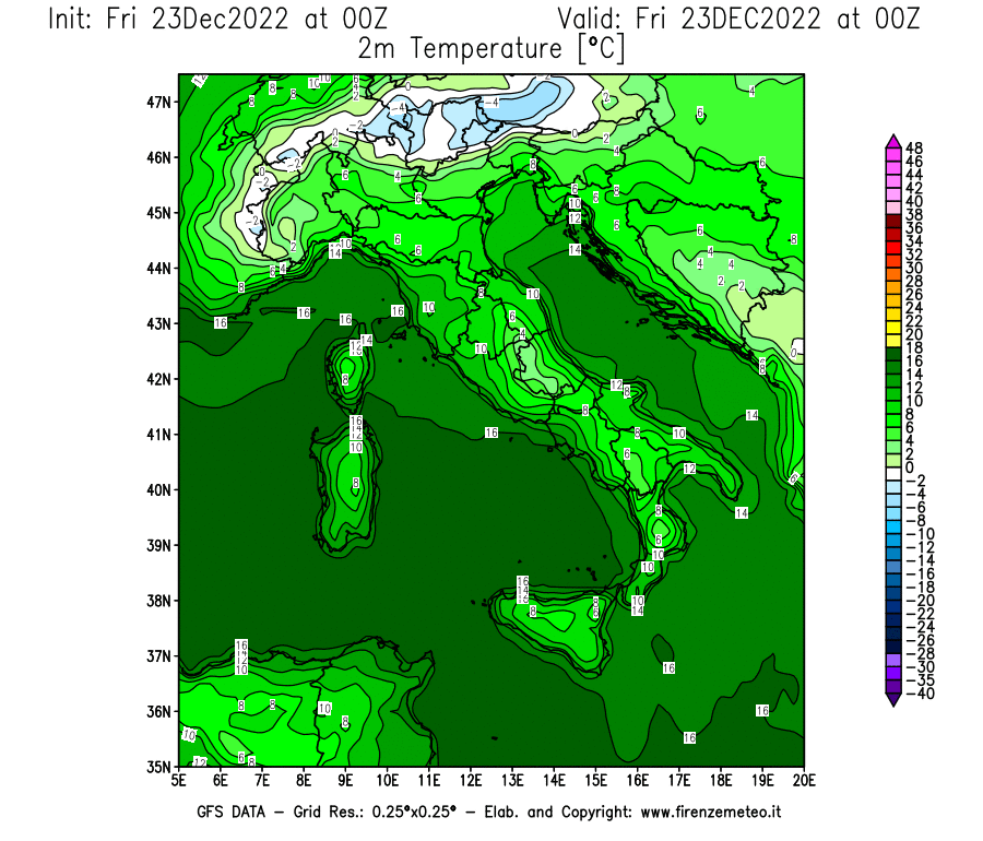 Mappa di analisi GFS - Temperatura a 2 metri dal suolo [°C] in Italia
							del 23/12/2022 00 <!--googleoff: index-->UTC<!--googleon: index-->