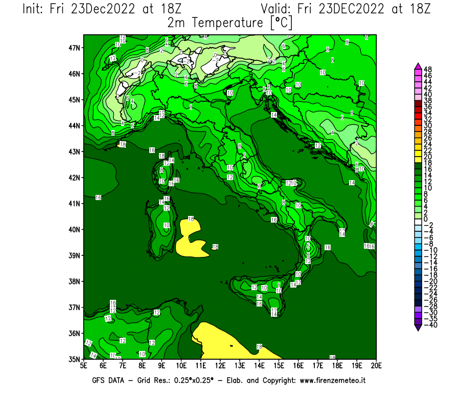 Mappa di analisi GFS - Temperatura a 2 metri dal suolo [°C] in Italia
							del 23/12/2022 18 <!--googleoff: index-->UTC<!--googleon: index-->