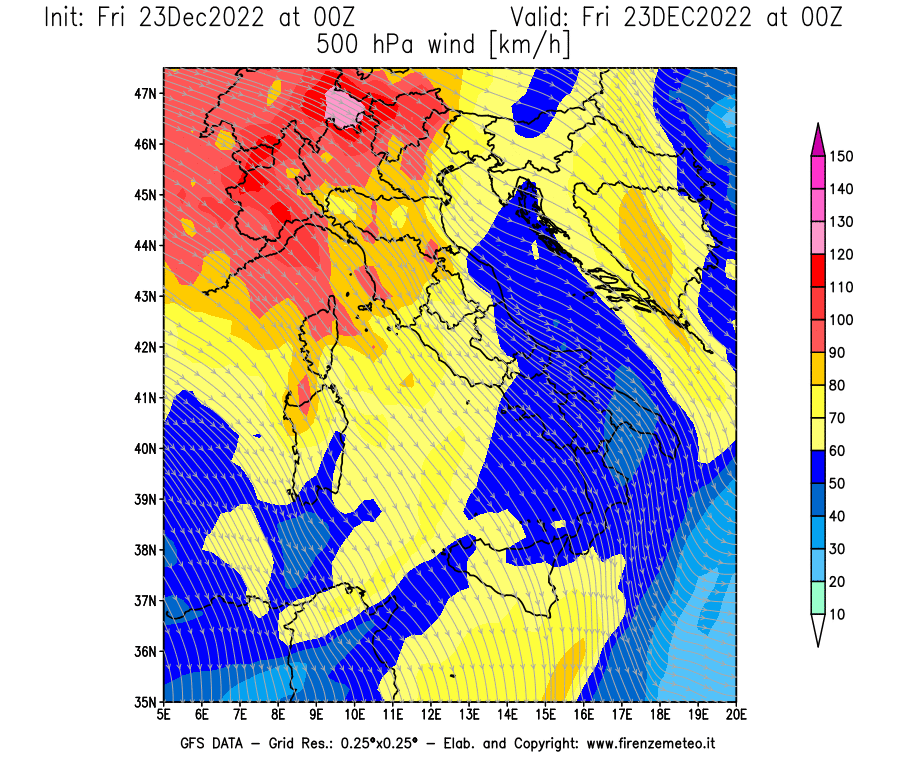 Mappa di analisi GFS - Velocità del vento a 500 hPa [km/h] in Italia
							del 23/12/2022 00 <!--googleoff: index-->UTC<!--googleon: index-->