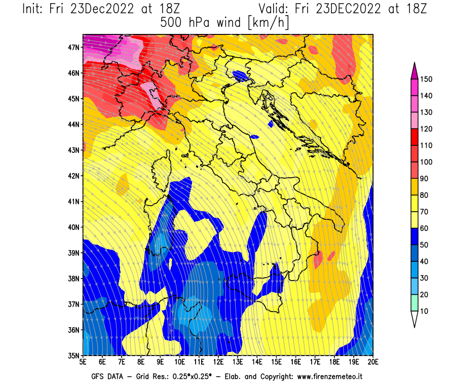 Mappa di analisi GFS - Velocità del vento a 500 hPa [km/h] in Italia
							del 23/12/2022 18 <!--googleoff: index-->UTC<!--googleon: index-->