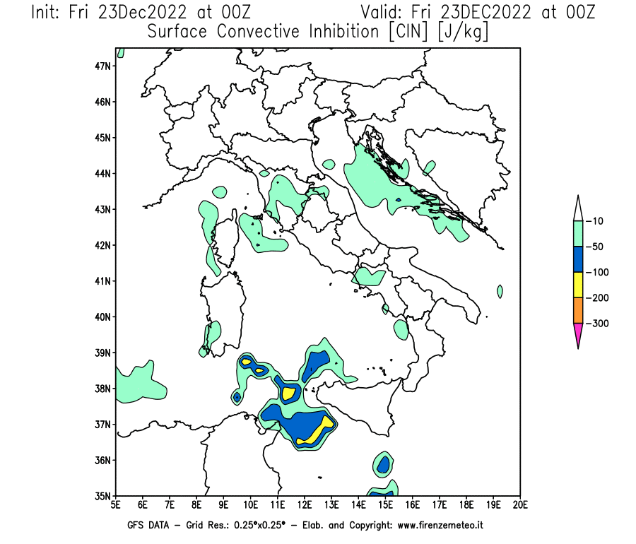 Mappa di analisi GFS - CIN [J/kg] in Italia
							del 23/12/2022 00 <!--googleoff: index-->UTC<!--googleon: index-->