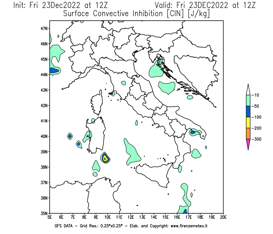 Mappa di analisi GFS - CIN [J/kg] in Italia
							del 23/12/2022 12 <!--googleoff: index-->UTC<!--googleon: index-->