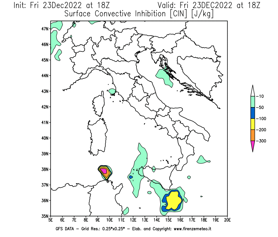 Mappa di analisi GFS - CIN [J/kg] in Italia
							del 23/12/2022 18 <!--googleoff: index-->UTC<!--googleon: index-->