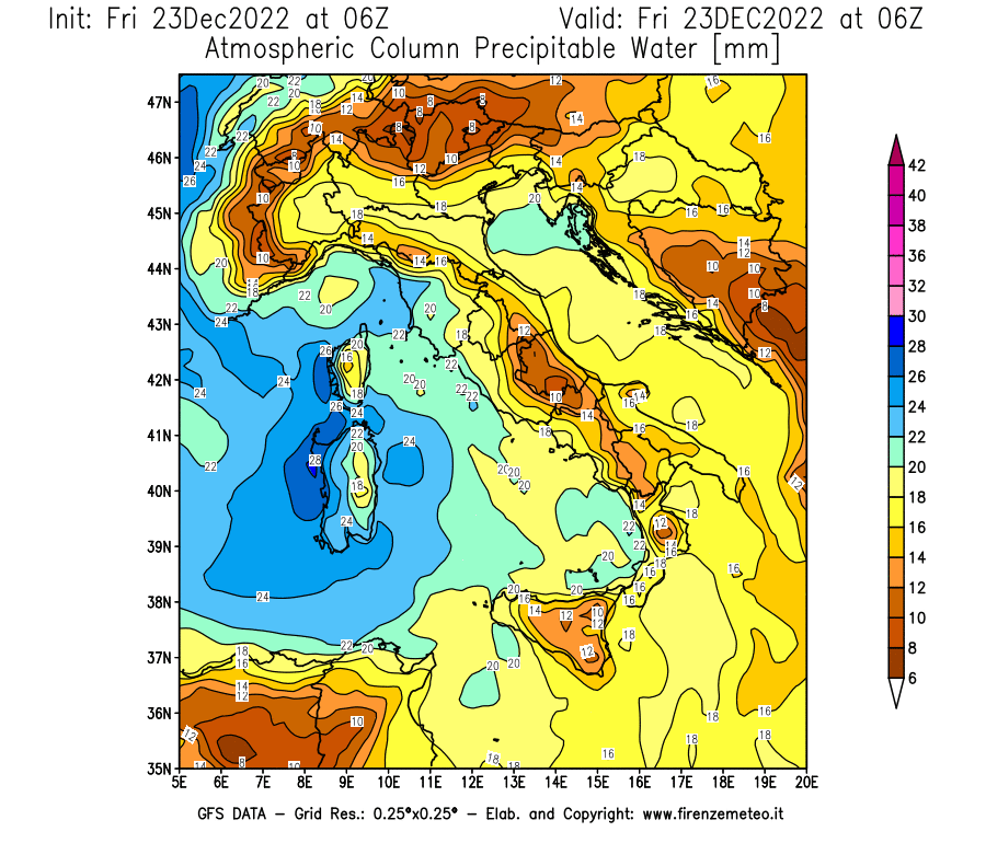 Mappa di analisi GFS - Precipitable Water [mm] in Italia
							del 23/12/2022 06 <!--googleoff: index-->UTC<!--googleon: index-->