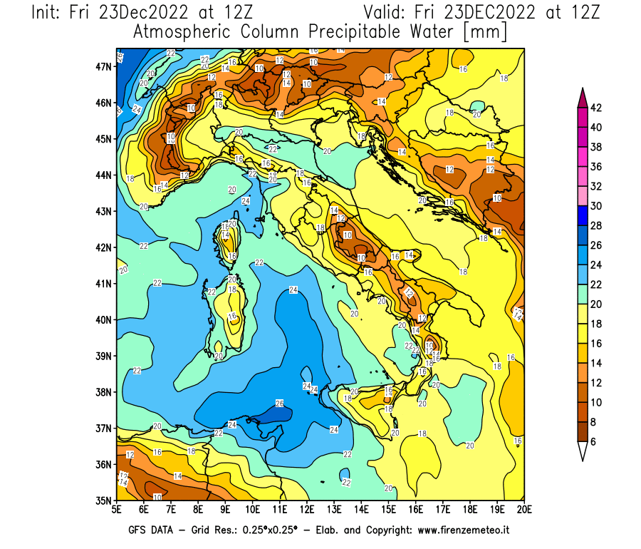 Mappa di analisi GFS - Precipitable Water [mm] in Italia
							del 23/12/2022 12 <!--googleoff: index-->UTC<!--googleon: index-->