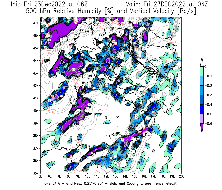 Mappa di analisi GFS - Umidità relativa [%] e Omega [Pa/s] a 500 hPa in Italia
							del 23/12/2022 06 <!--googleoff: index-->UTC<!--googleon: index-->
