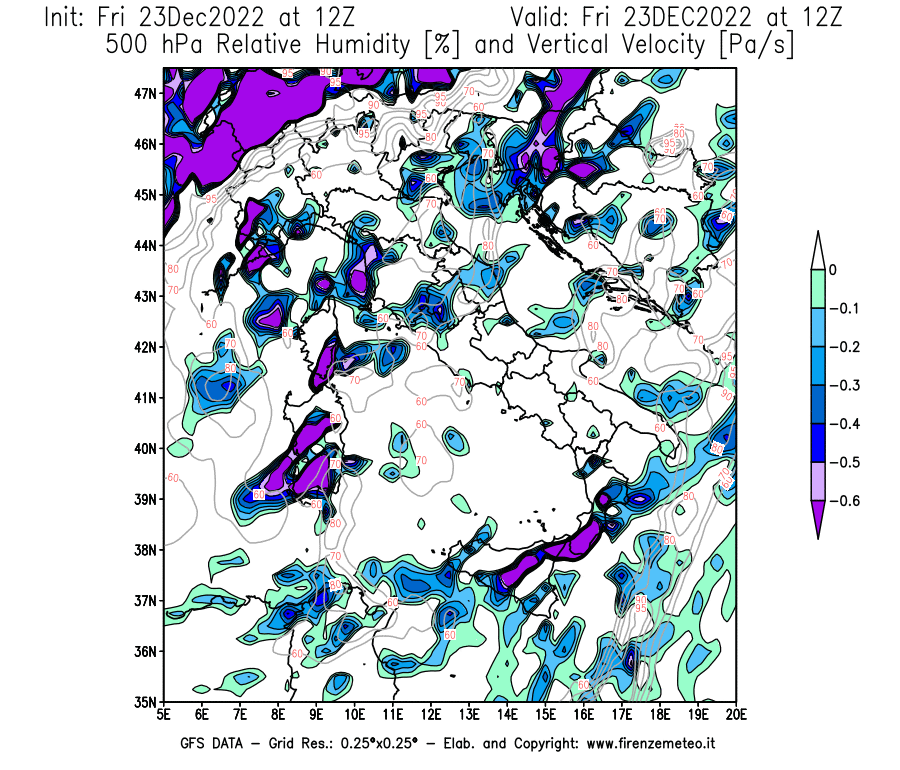 Mappa di analisi GFS - Umidità relativa [%] e Omega [Pa/s] a 500 hPa in Italia
							del 23/12/2022 12 <!--googleoff: index-->UTC<!--googleon: index-->